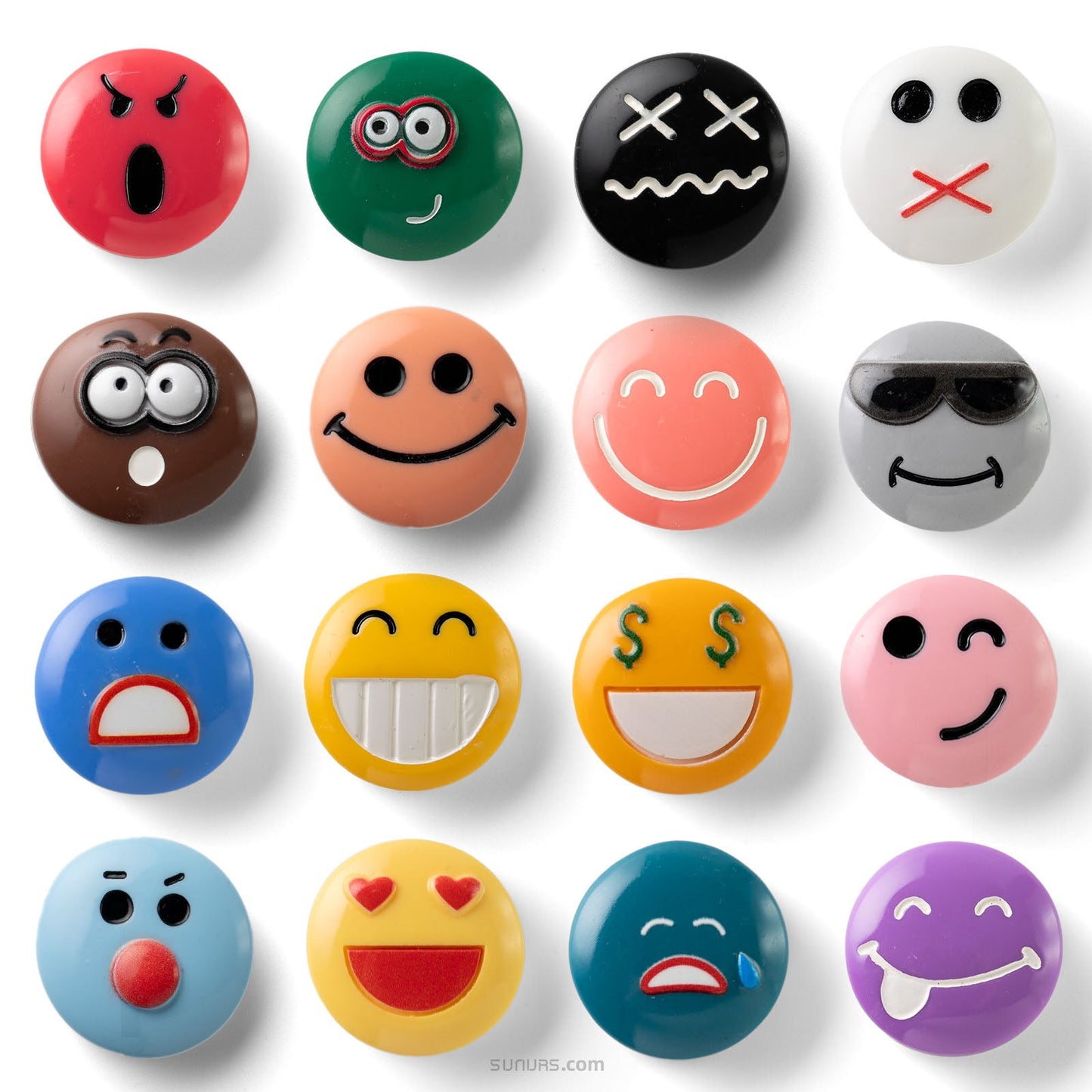 Collection of colorful buttons on a white background