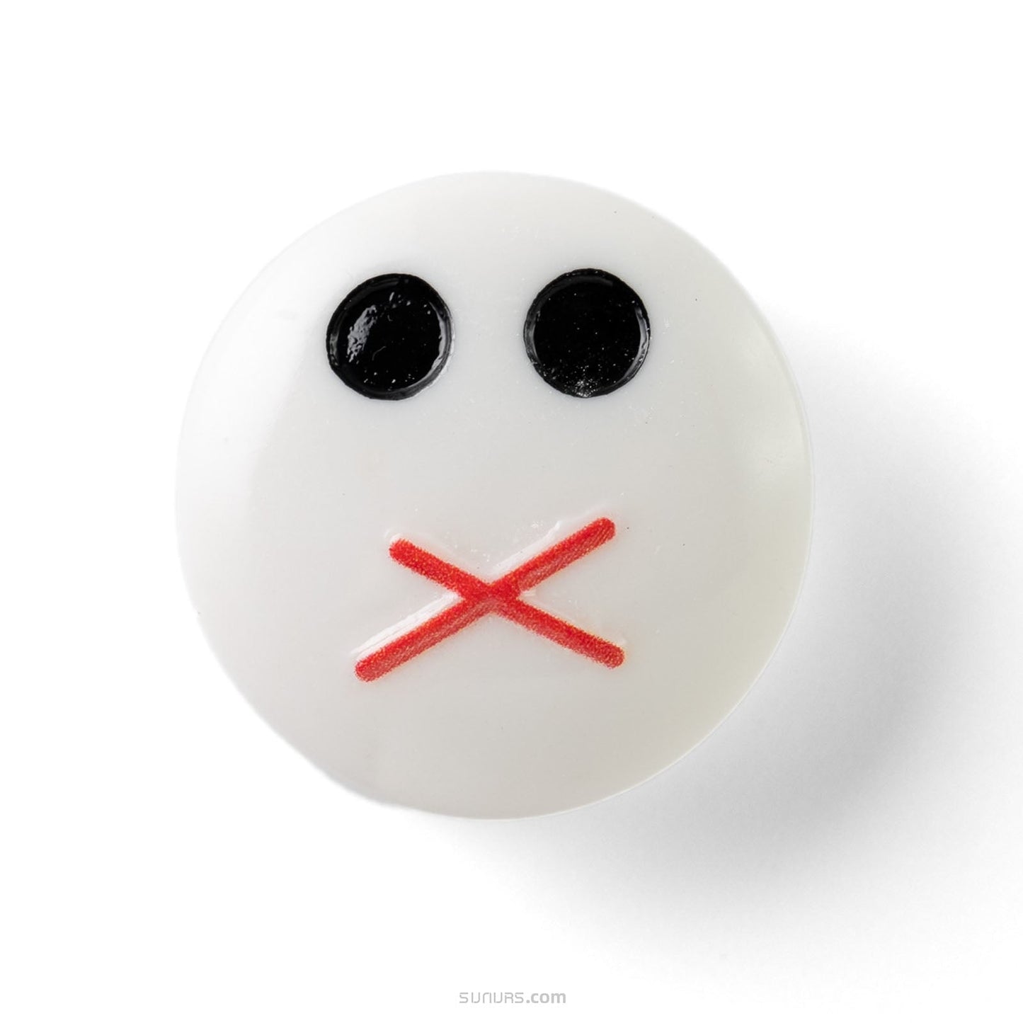 White round object with black eyes and a red 'X' on a white background