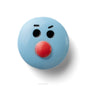 Round blue object with black eyes and a red nose on a white background